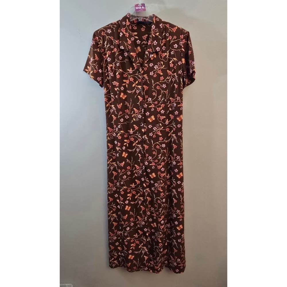 Vintage Mountain Lake Womens Maxi Dress Brown Floral Butterfly Short Sleeve 12
